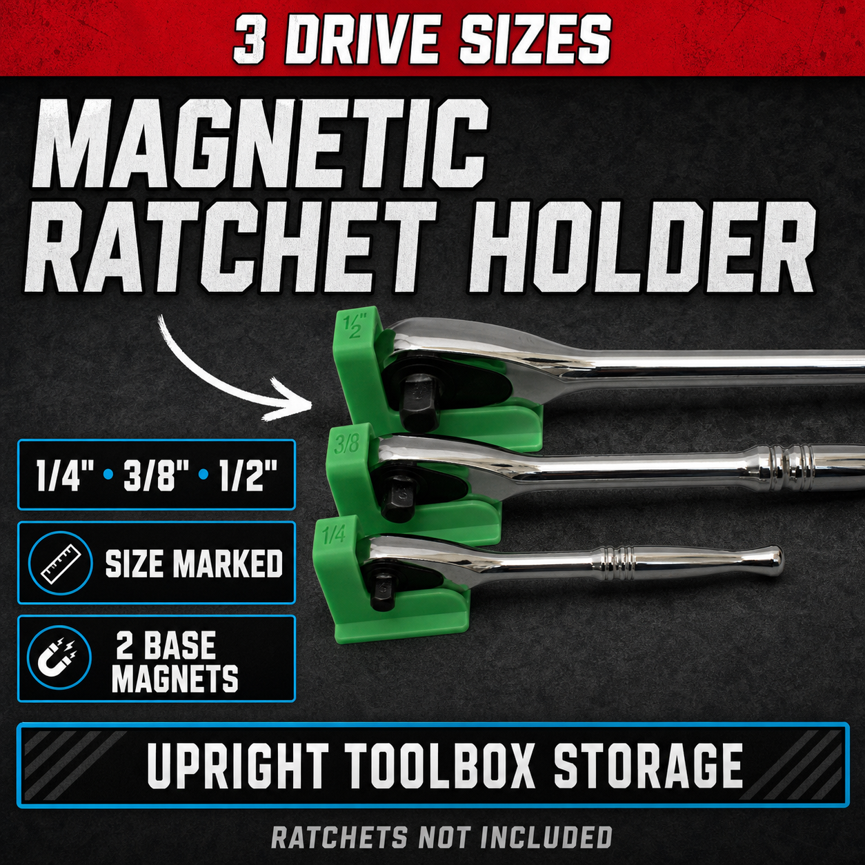 1/4, 3/8, 1/2 Drive Magnetic Ratchet Holder with Size | Toolbox Organiser 1 1/4, 3/8, 1/2 Drive Magnetic Ratchet Holder with Size | Toolbox Organiser