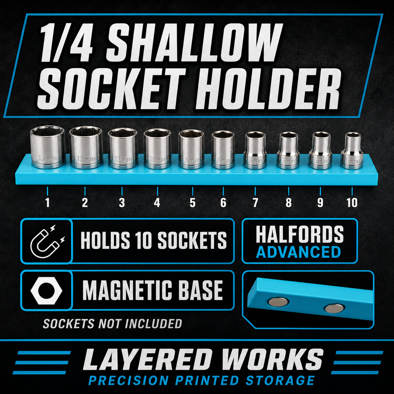 Halfords Advanced 1/4" Shallow Socket Holder (Holds 10) | Magnetic Organiser 1 Halfords Advanced 1/4" Shallow Socket Holder (Holds 10) | Magnetic Organiser