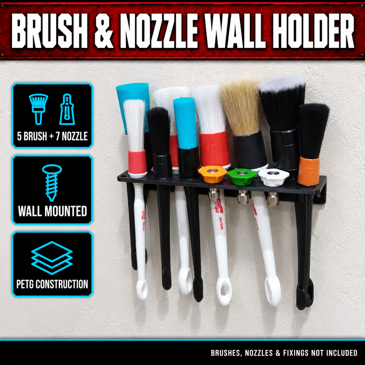 Car Detailing Brush & Pressure Washer Nozzle Wall Holder – 5+7 Slot 1 Car Detailing Brush & Pressure Washer Nozzle Wall Holder – 5+7 Slot