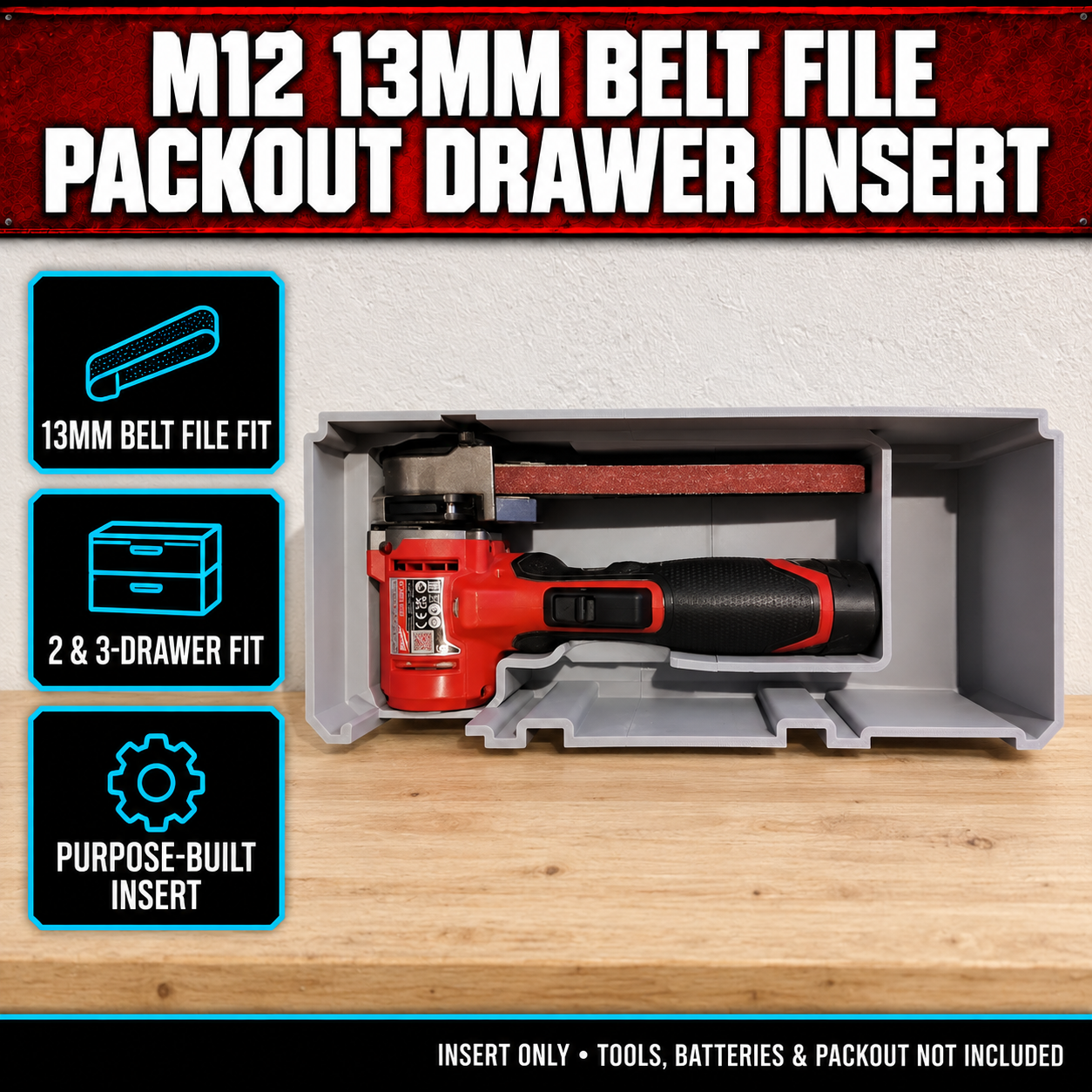 Milwaukee M12 13mm Belt File PACKOUT Drawer Insert 1 Milwaukee M12 13mm Belt File PACKOUT Drawer Insert