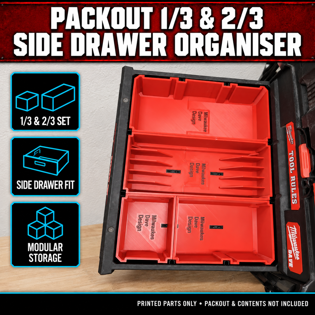 Milwaukee PACKOUT 1/3 & 2/3 Side Drawer Organiser 1 Milwaukee PACKOUT 1/3 & 2/3 Side Drawer Organiser
