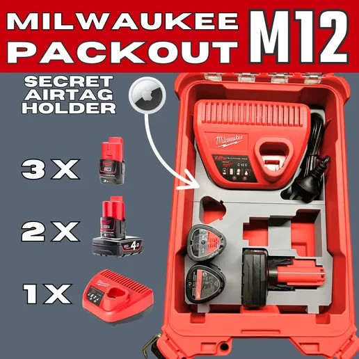Milwaukee Packout M12 Battery & Charger Organizer with Secret AirTag Holder 1 Milwaukee Packout M12 Battery & Charger Organizer with Secret AirTag Holder